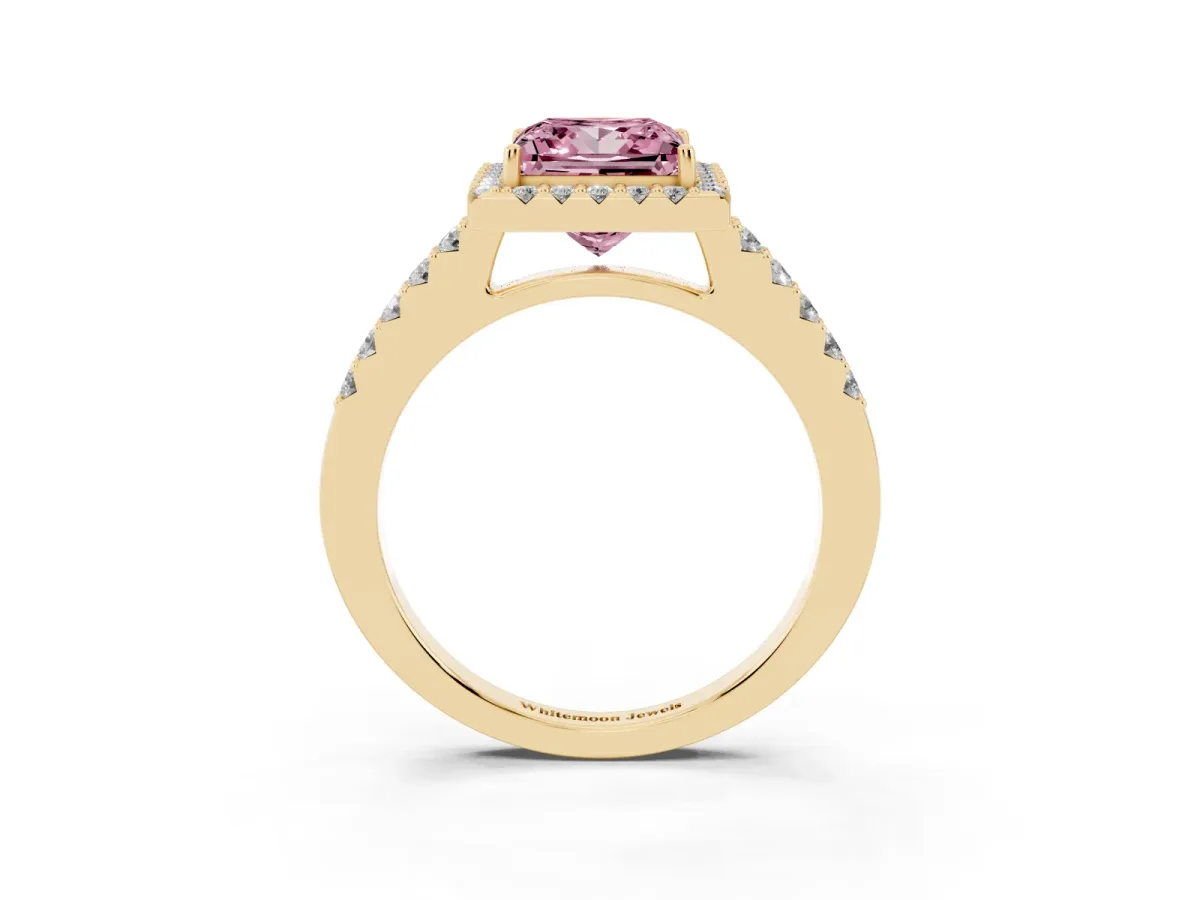 Fancy Pink Princess Cut Halo Diamond Pavé Solitaire Ring Yellow gold