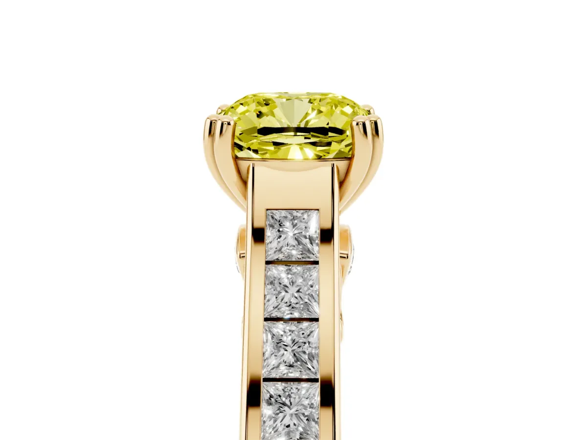 Fancy Yellow Cushion Cut Cut Channel Set Solitaire Engagement Ring with Prong Setting Yellow gold