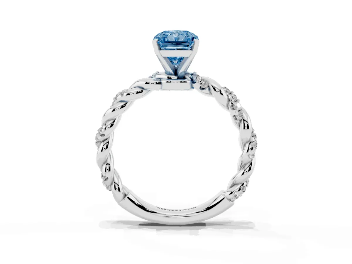 Fancy Blue Radiant Cut Diamond Solitaire Ring with Twisted Band and Pavé Accents White gold