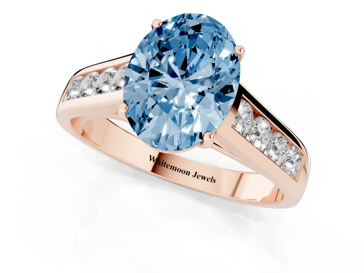 Fancy Blue Oval Cut Brilliant Channel-Set Solitaire Ring with Four-Prong Setting Rose gold