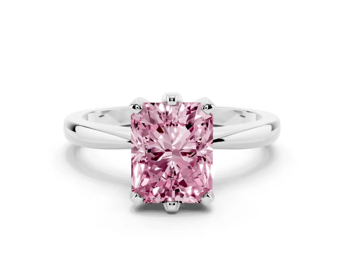 Fancy Pink Radiant Cut Solitaire Engagement Ring with Six-Prong Setting and Tapered Band Platinum