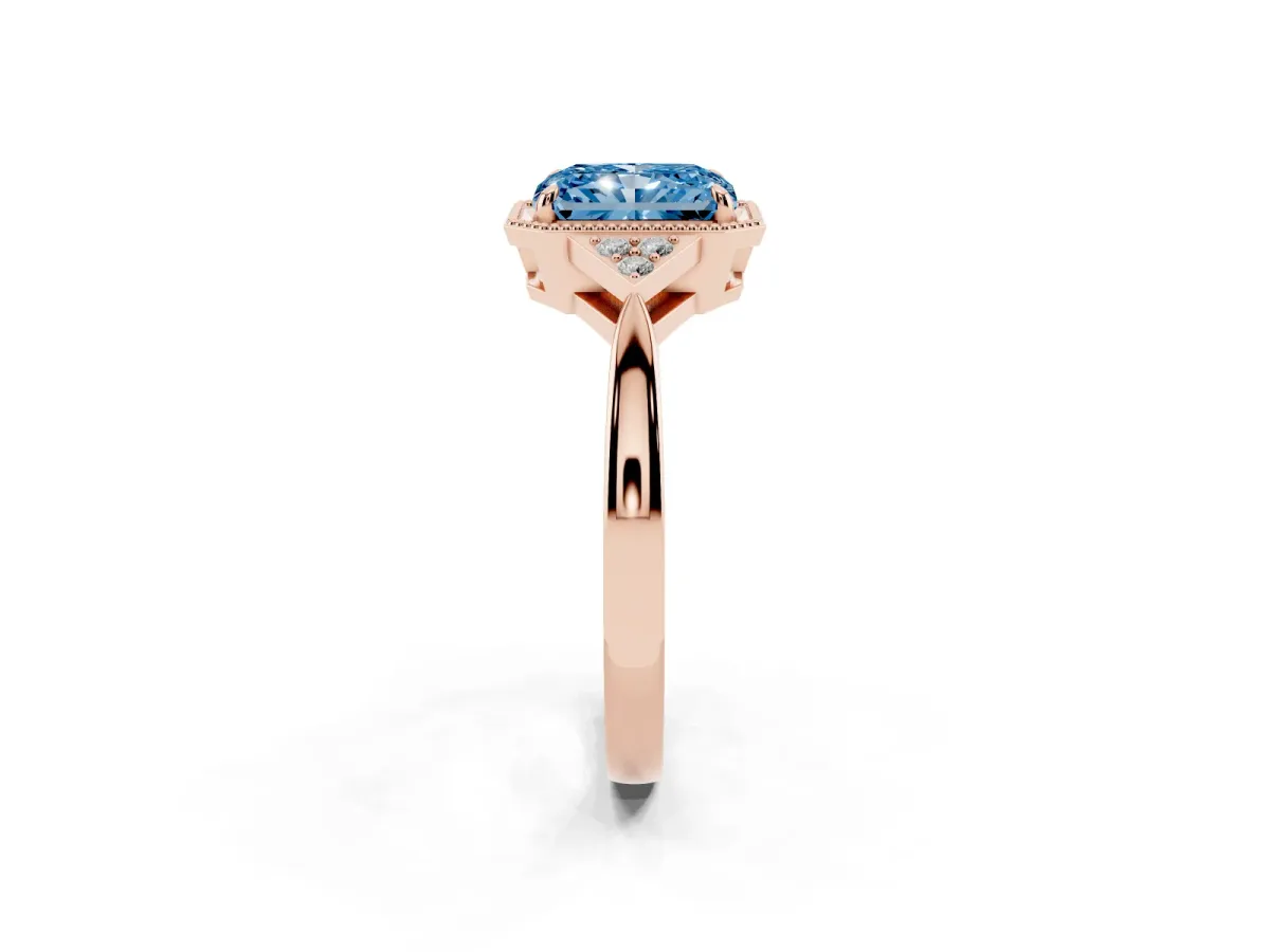 Fancy Blue Radiant Cut Diamond Halo Ring with Tapered Band and Four-Prong Setting Rose gold