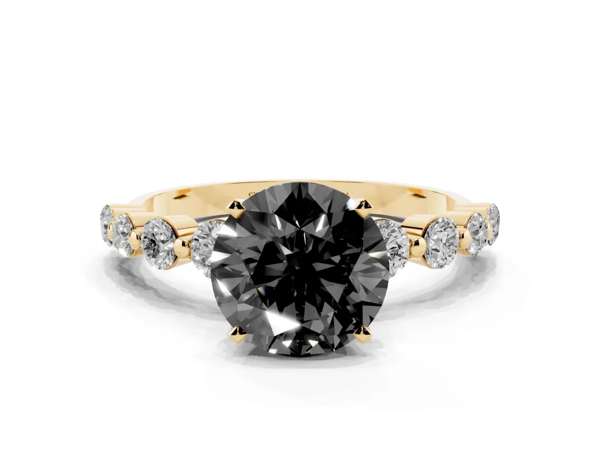 Fancy Black Round Cut Solitaire Diamond Ring with Pave Band and Four-Prong Setting Yellow gold
