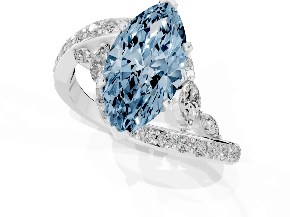 Fancy Blue Marquise Cut Solitaire with Pavé Twist Band and Four-Prong Setting Platinum