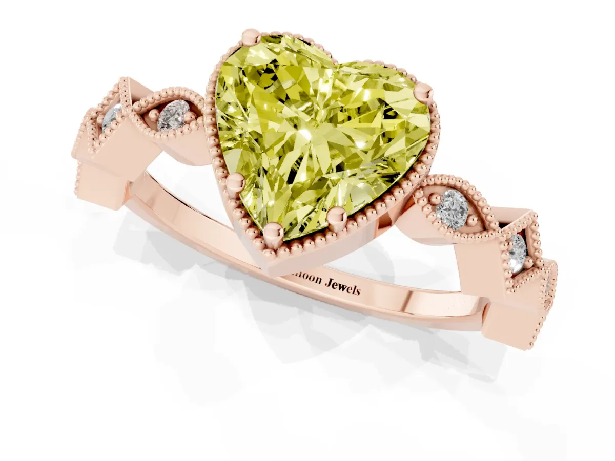 Fancy Yellow Heart Cut Milgrain Marquise Diamond Twist Band Ring Rose gold