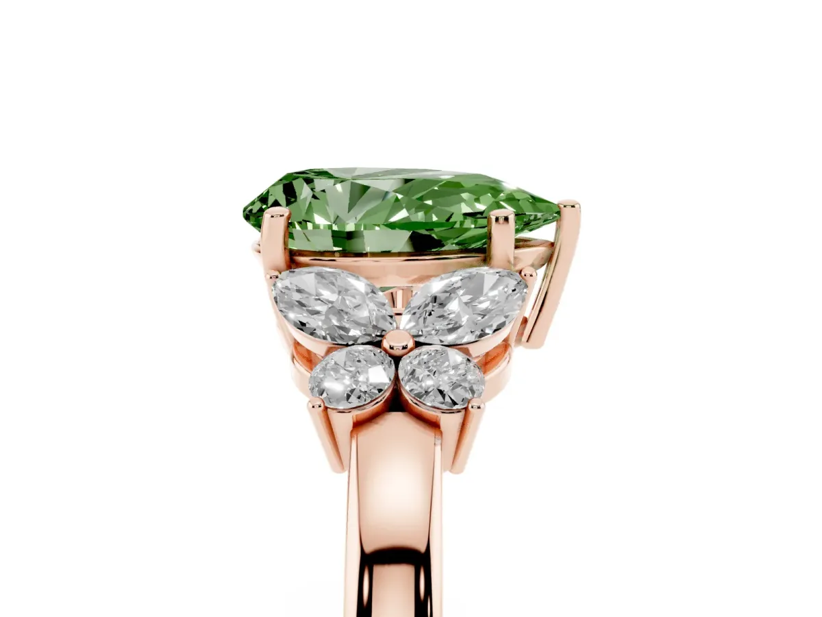 Fancy Green Pear Cut Cut Solitaire Floral Diamond Ring with Four-Prong Setting Rose gold