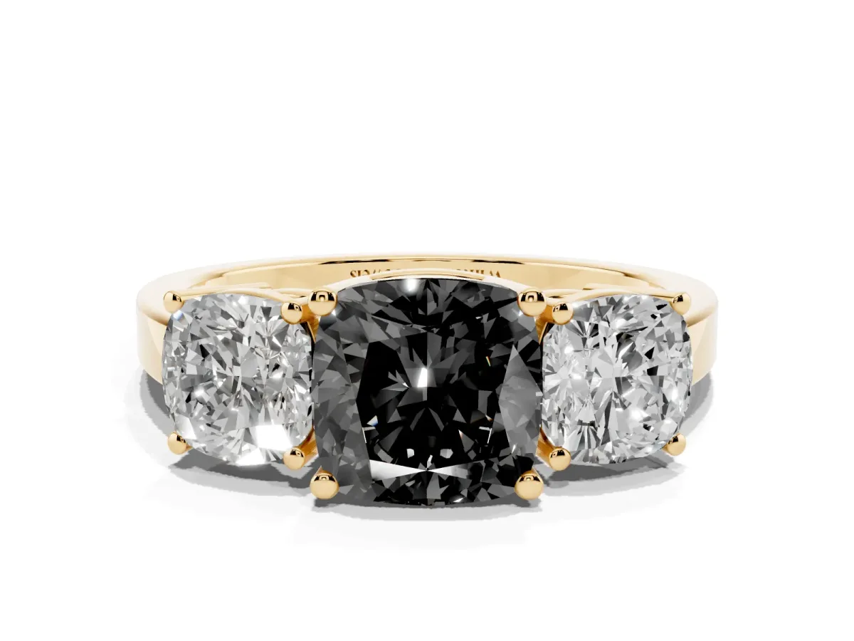 Fancy Black Three-Stone Cushion Cut Cut Diamond Engagement Ring with Flat Band and Four-Prong Setting Yellow gold