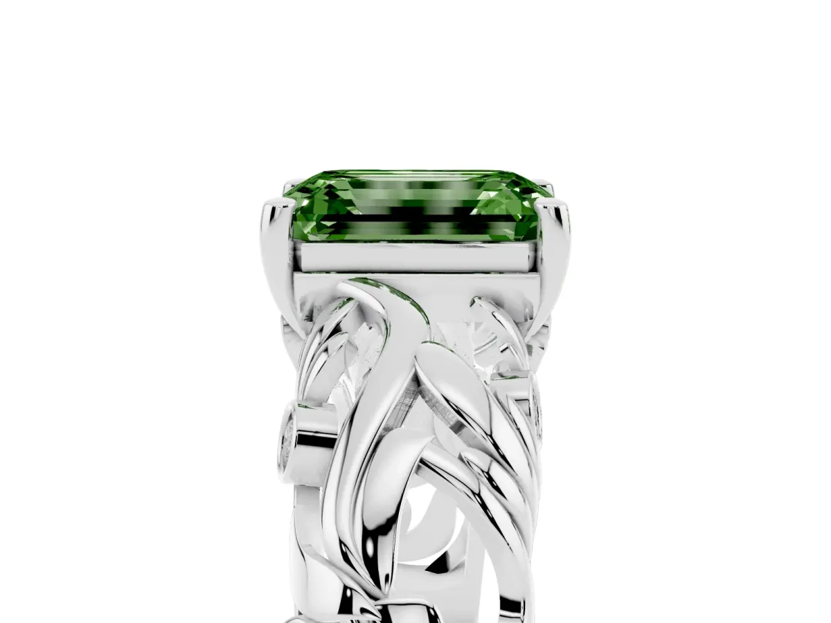 Fancy Green Emerald Cut Solitaire Diamond Leaf-Inspired Vine Band Ring with Prong Setting White gold