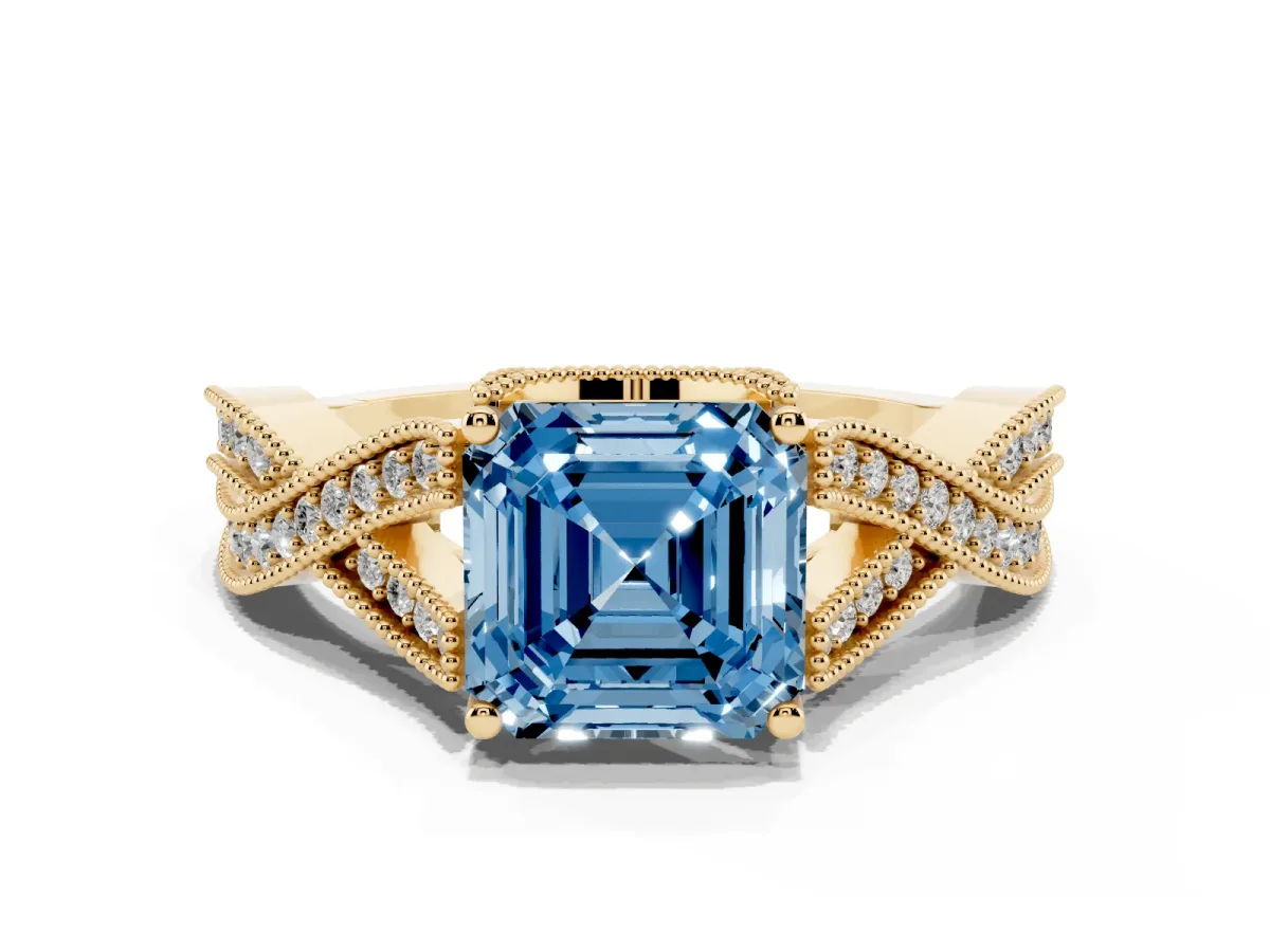 Fancy Blue Asscher Cut Cut Diamond Twisted Band with Milgrain Pave Setting and Four-Prong Setting Yellow gold