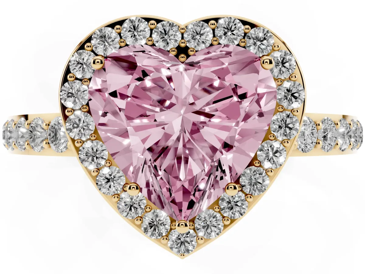 Fancy Pink Heart Cut Halo Diamond Pavé Band Ring with Prong Setting Yellow gold
