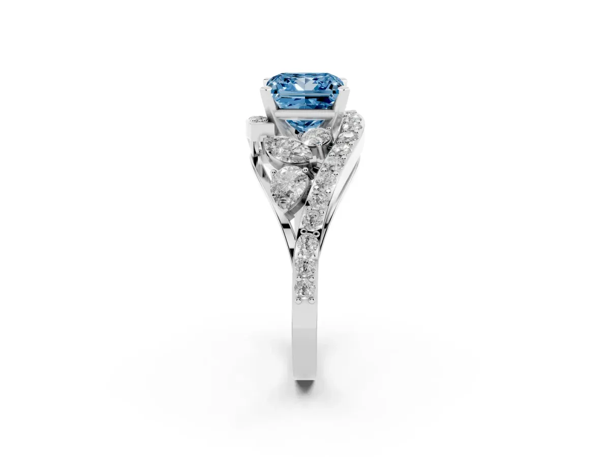 Fancy Blue Princess Cut Diamond Halo Ring with Marquise and Pavé Band in Prong Setting White gold