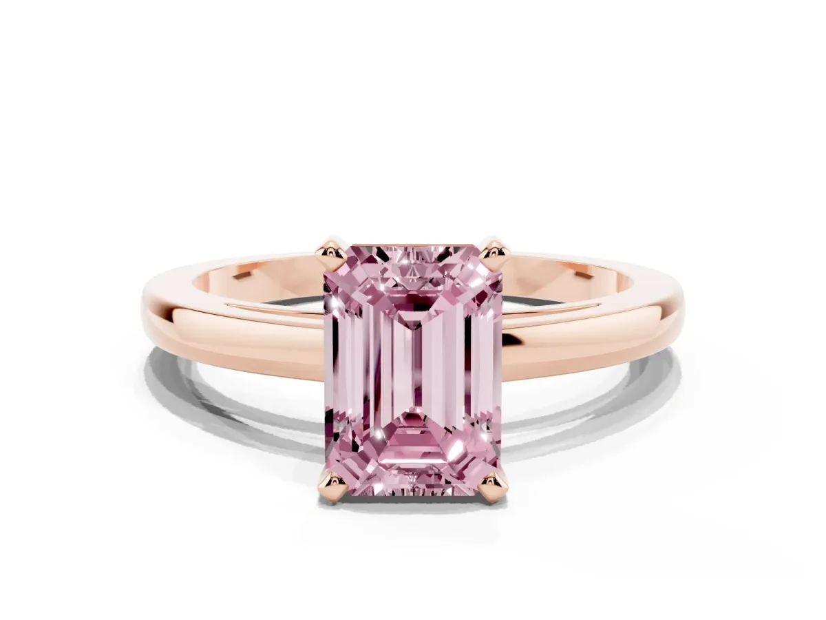 Fancy Pink Emerald Cut Solitaire Diamond Engagement Ring with Four-Prong Setting on a Classic Band Rose gold