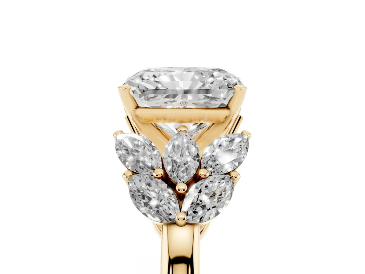 Radiant Cut Diamond Cluster Leaf Design Ring with Prong Setting Yellow gold