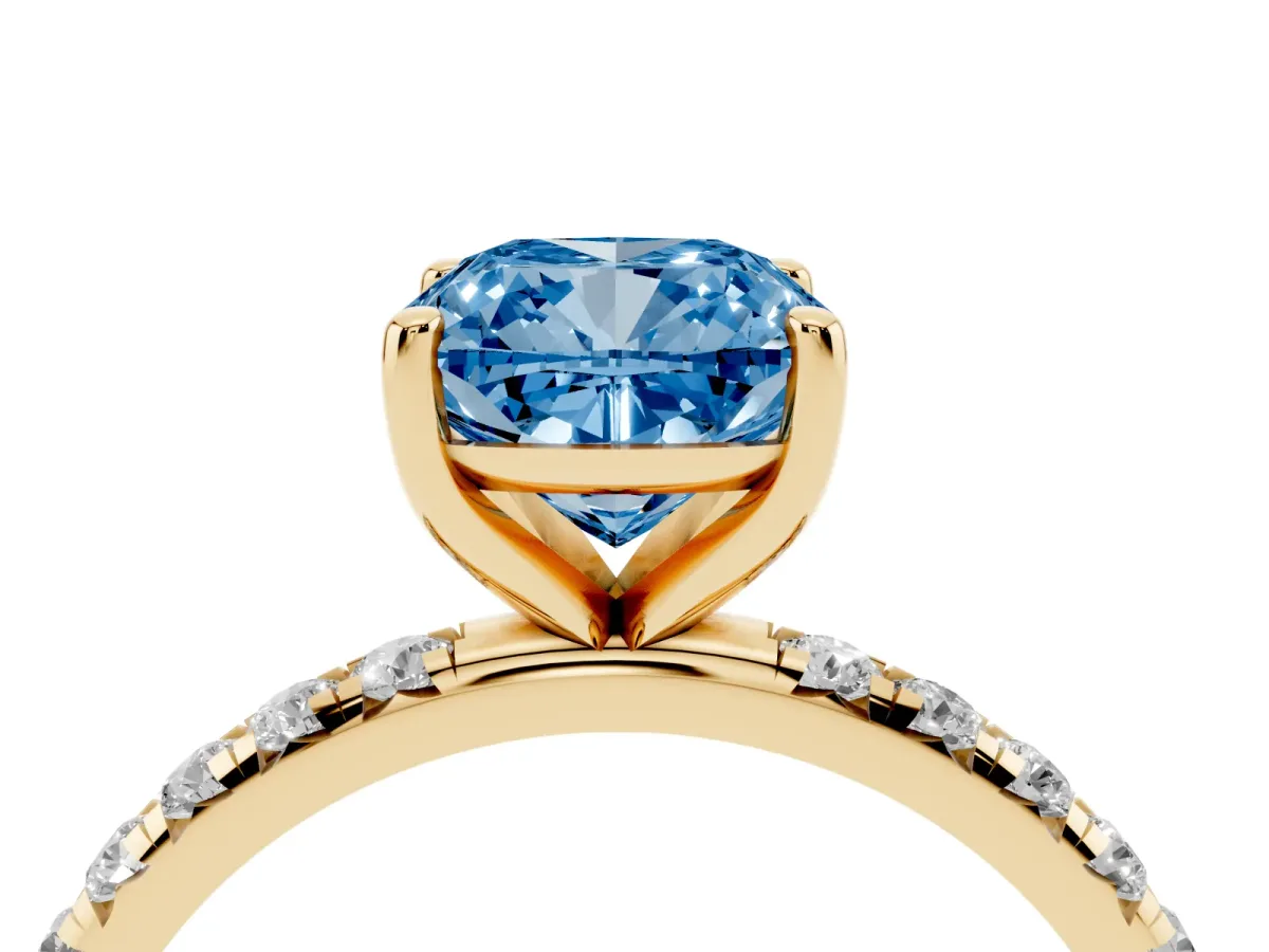 Fancy Blue Cushion Cut Cut Diamond Solitaire Ring with Micro Pave Band and Four Prong Setting Yellow gold