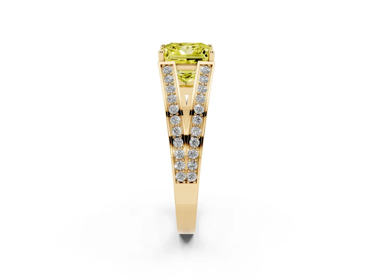 Fancy Yellow Princess Cut Diamond Split Shank Ring with Pavé Band and Four-Prong Setting Yellow gold