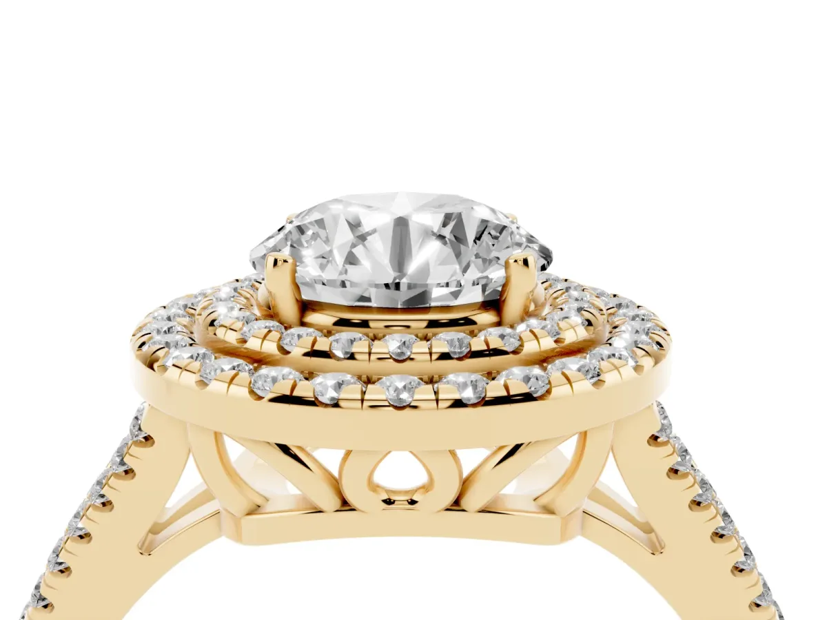 Round Cut Diamond Double Halo Ring with Pavé Band and Prong Setting Yellow gold