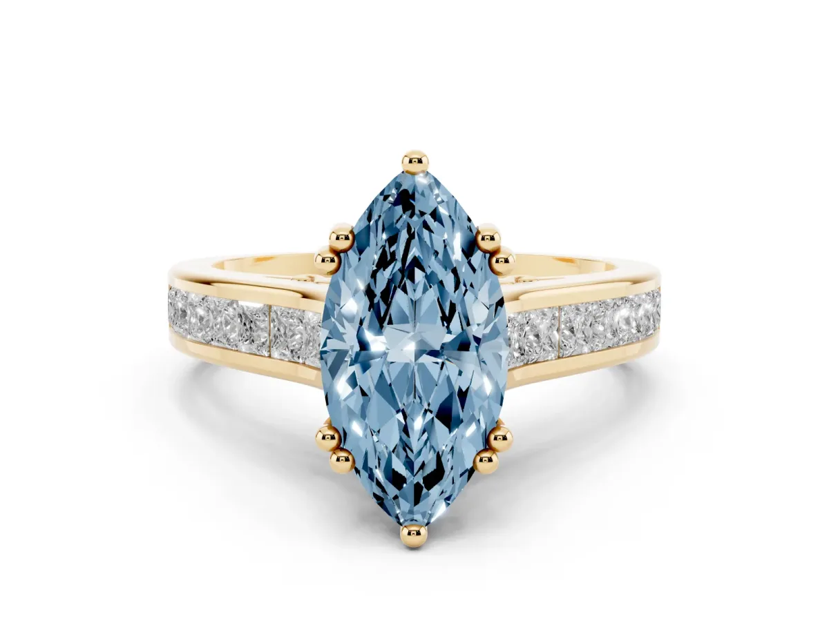Fancy Blue Marquise Cut Cut Channel Set Solitaire Engagement Ring with Prong Setting Yellow gold