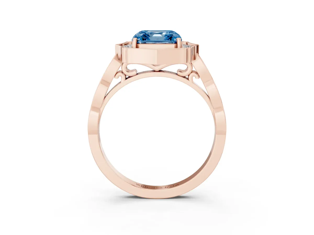 Fancy Blue Asscher Cut Halo Diamond Engagement Ring with Milgrain Band and Four-Prong Setting Rose gold