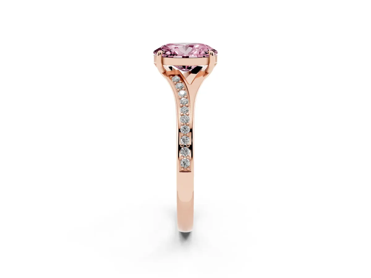 Fancy Pink Oval Cut Diamond Solitaire Ring with Pavé Band and Prong Setting Rose gold