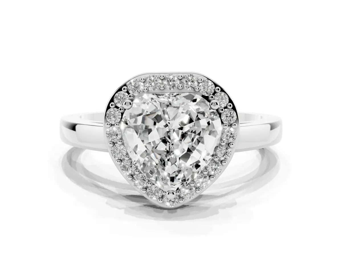 Heart Cut Halo Diamond Ring with Solitaire Band and Prong Setting Silver