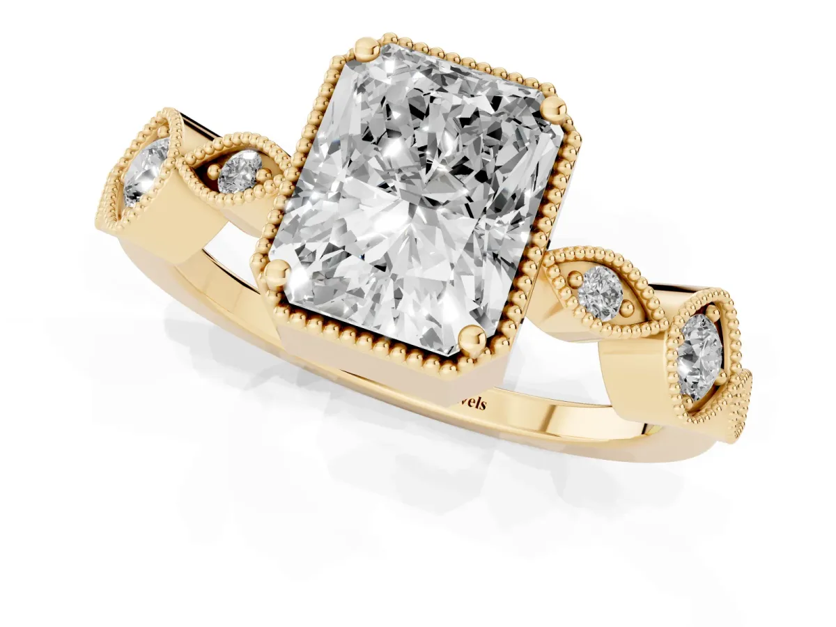 Radiant Cut Diamond Vintage Milgrain Ring with Round Stations Yellow gold