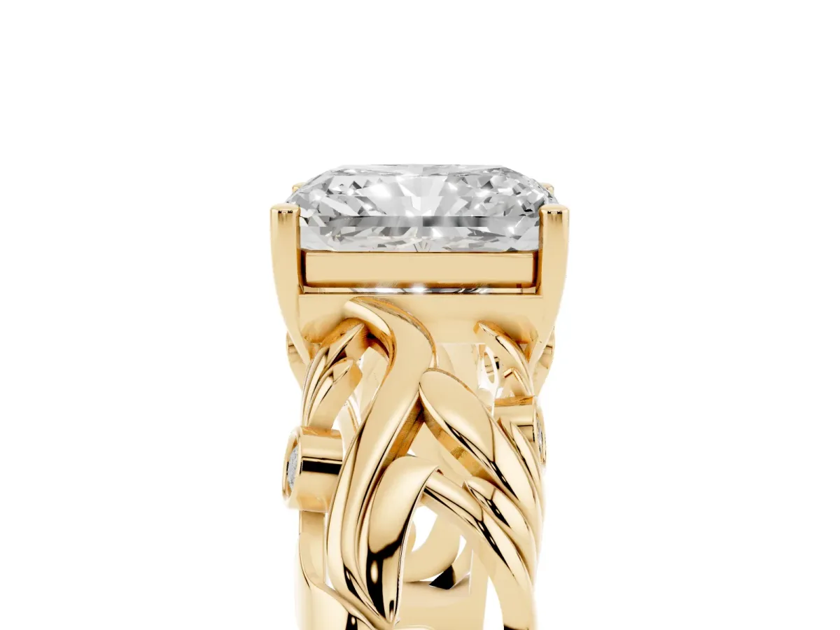 Radiant Cut Solitaire Diamond Leaf-Inspired Vine Band Ring with Prong Setting Yellow gold