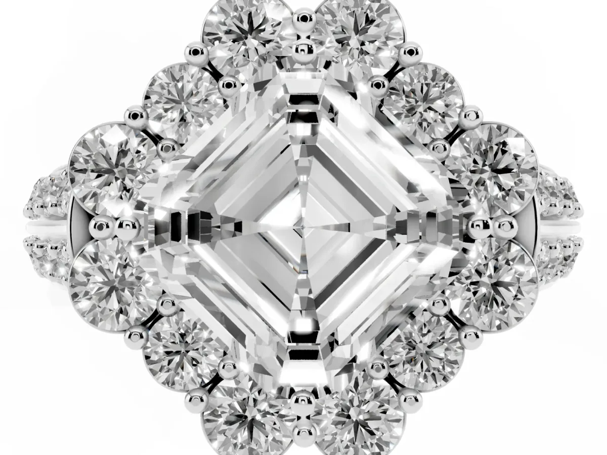 Asscher Cut Halo Diamond Engagement Ring with Split Shank and Prong Setting Silver