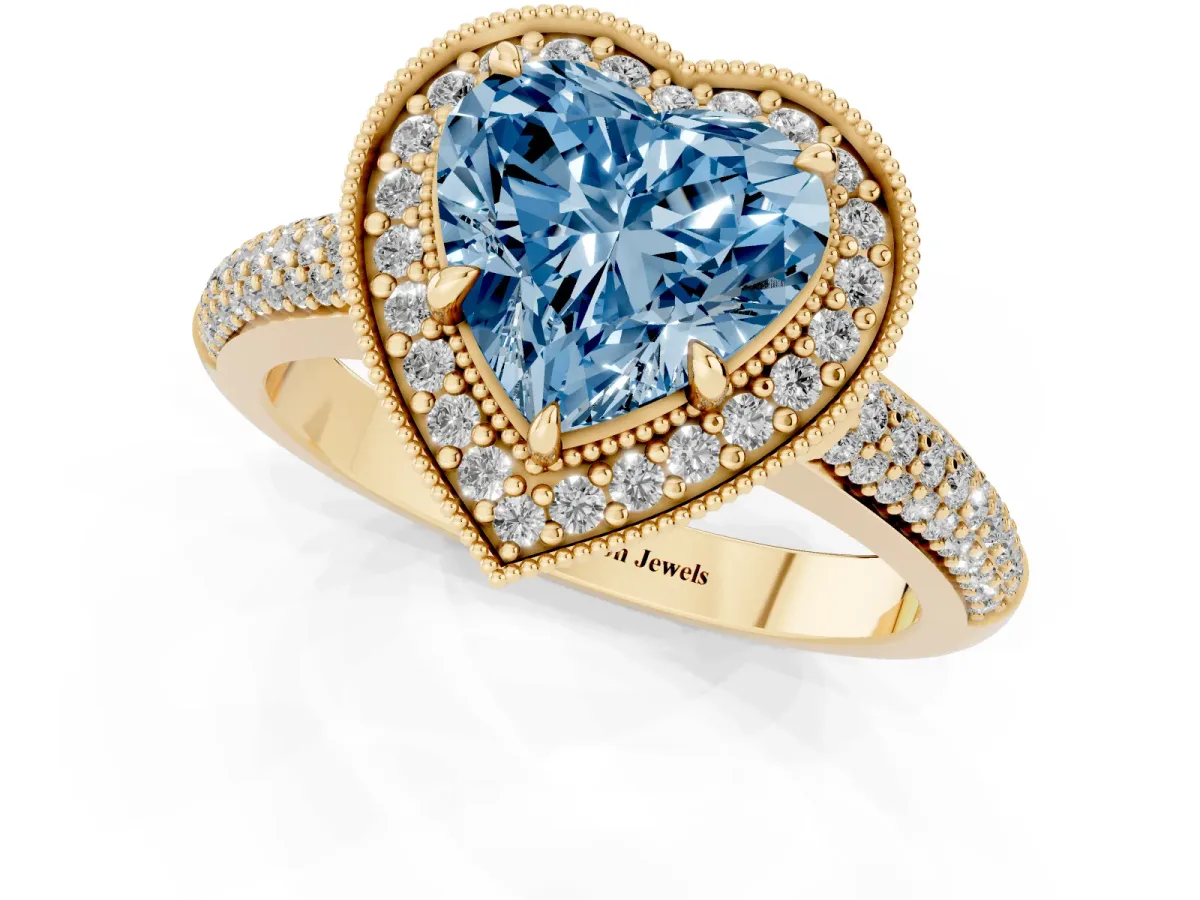 Fancy Blue Heart Cut Cut Halo Diamond Pave Band with Four-Prong Setting Yellow gold