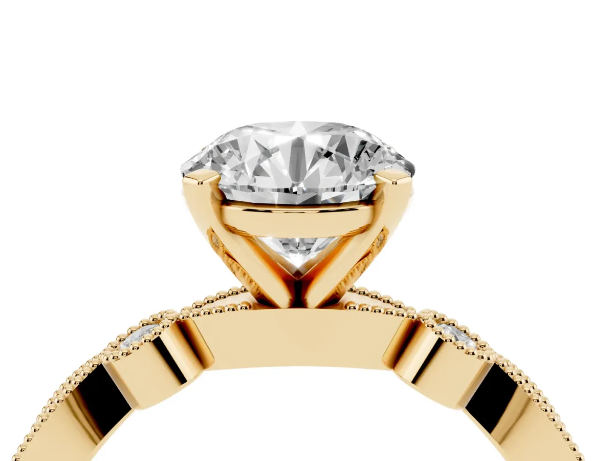 Round Cut Milgrain Bezel Diamond Engagement Ring with Solitaire Prong Setting Yellow gold