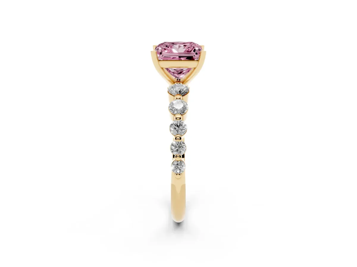 Fancy Pink Princess Cut Solitaire Diamond Ring with Pave Band and Four-Prong Setting Yellow gold