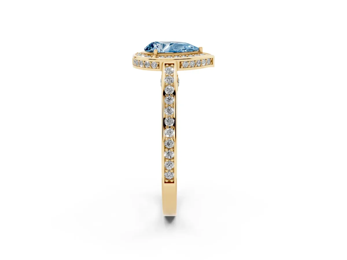 Fancy Blue Pear Cut Cut Halo Pave Split Shank Prong Setting Ring Yellow gold