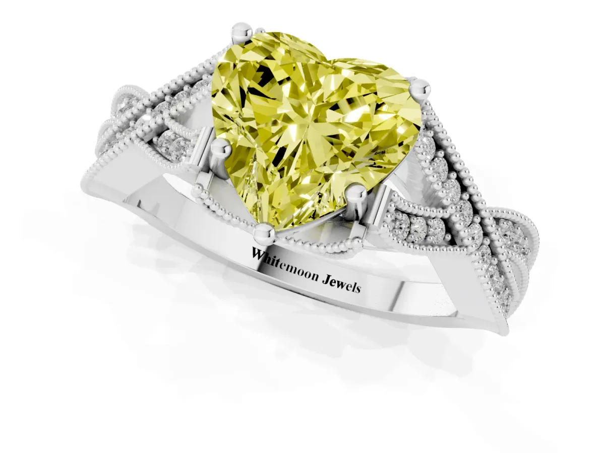 Fancy Yellow Heart Cut Cut Diamond Twisted Band with Milgrain Pave Setting and Four-Prong Setting White gold