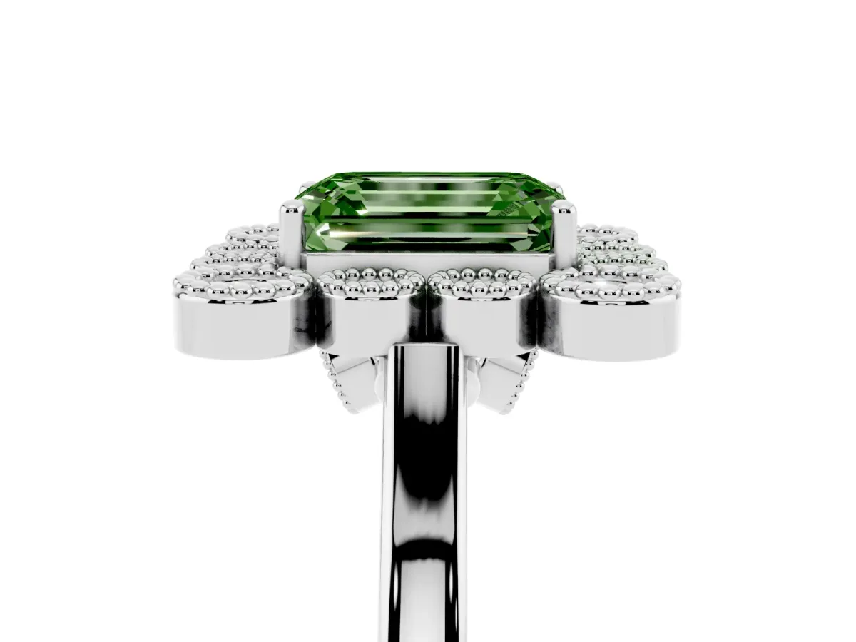 Fancy Green Emerald Cut Halo Diamond Cluster Engagement Ring with Milgrain Bezel Setting and Solitaire Band Platinum