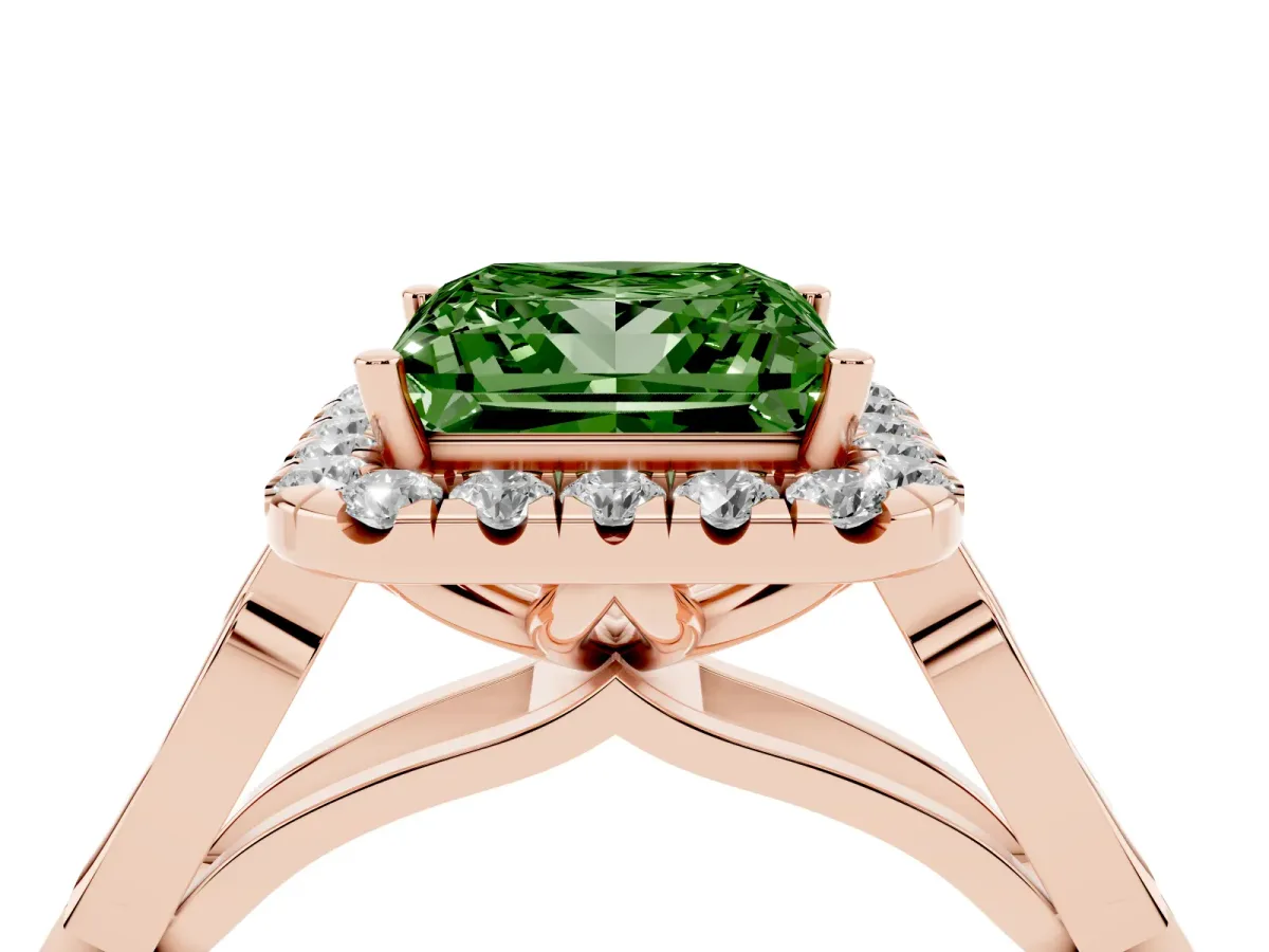 Fancy Green Princess Cut Halo Diamond Engagement Ring with Filigree Band and Four-Prong Setting Rose gold
