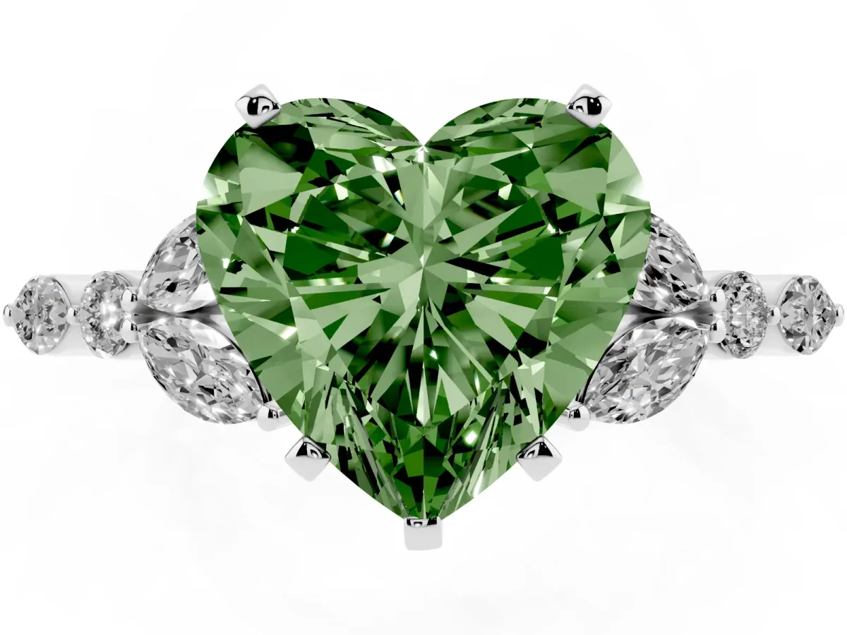 Fancy Green Heart Cut Diamond Solitaire Ring with Side Stones and Four-Prong Setting Silver