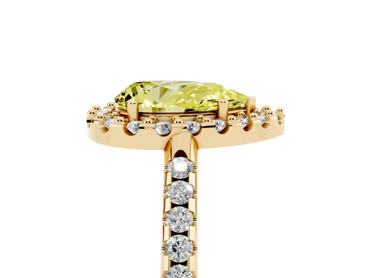 Fancy Yellow Pear Cut Diamond Pavé Halo Ring with Four-Prong Setting Yellow gold