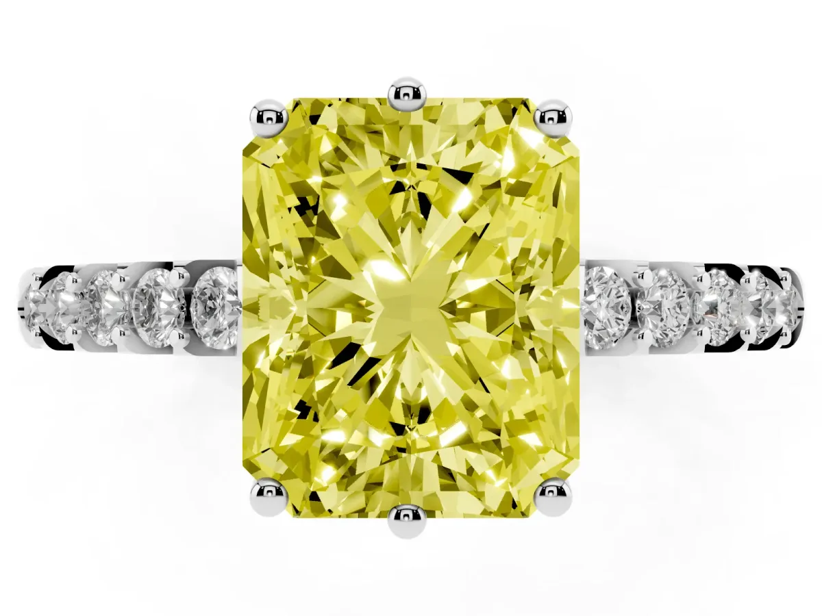 Fancy Yellow Radiant Cut Solitaire Diamond Engagement Ring with Pavé Band and Six-Prong Setting White gold