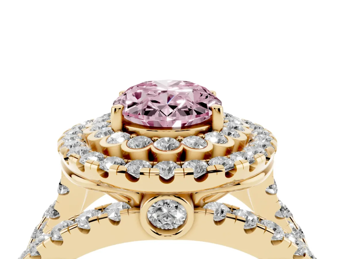 Fancy Pink Oval Cut Diamond Double Halo Ring with Round Pavé Split Shank and Prong Setting Yellow gold