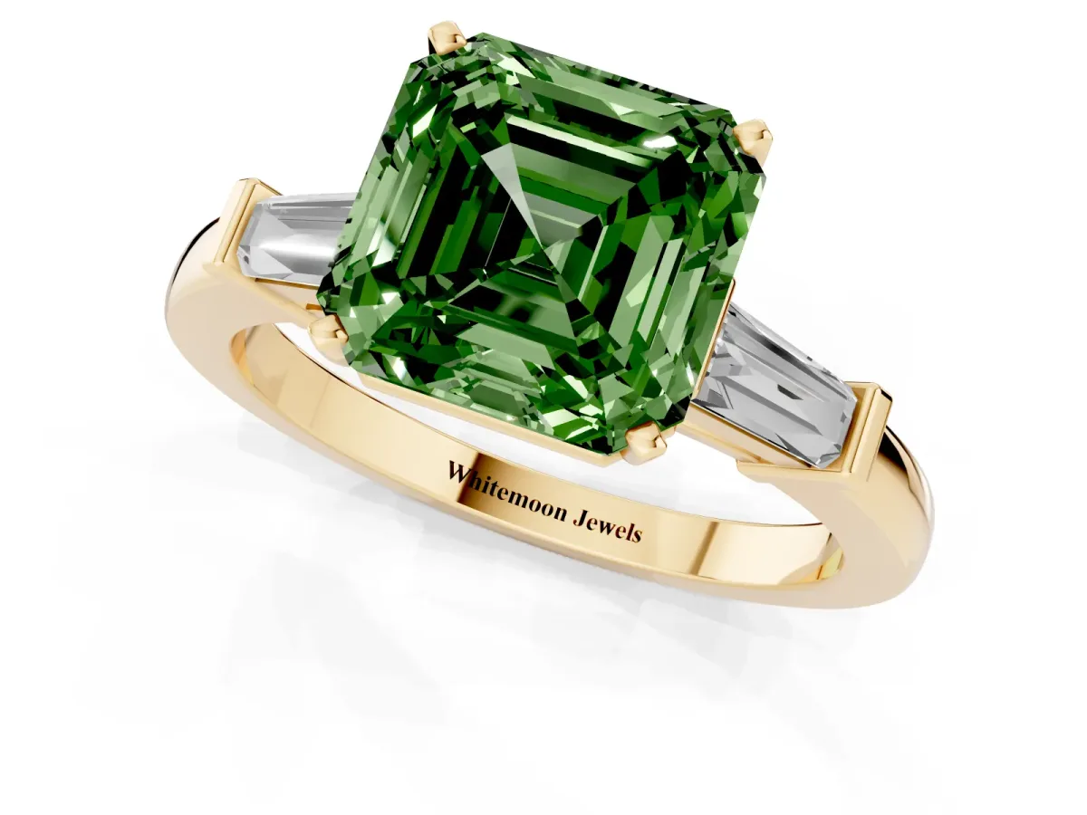Fancy Green Asscher Cut Cut Diamond Solitaire Ring with Tapered Baguette Accents and Four-Prong Setting Yellow gold