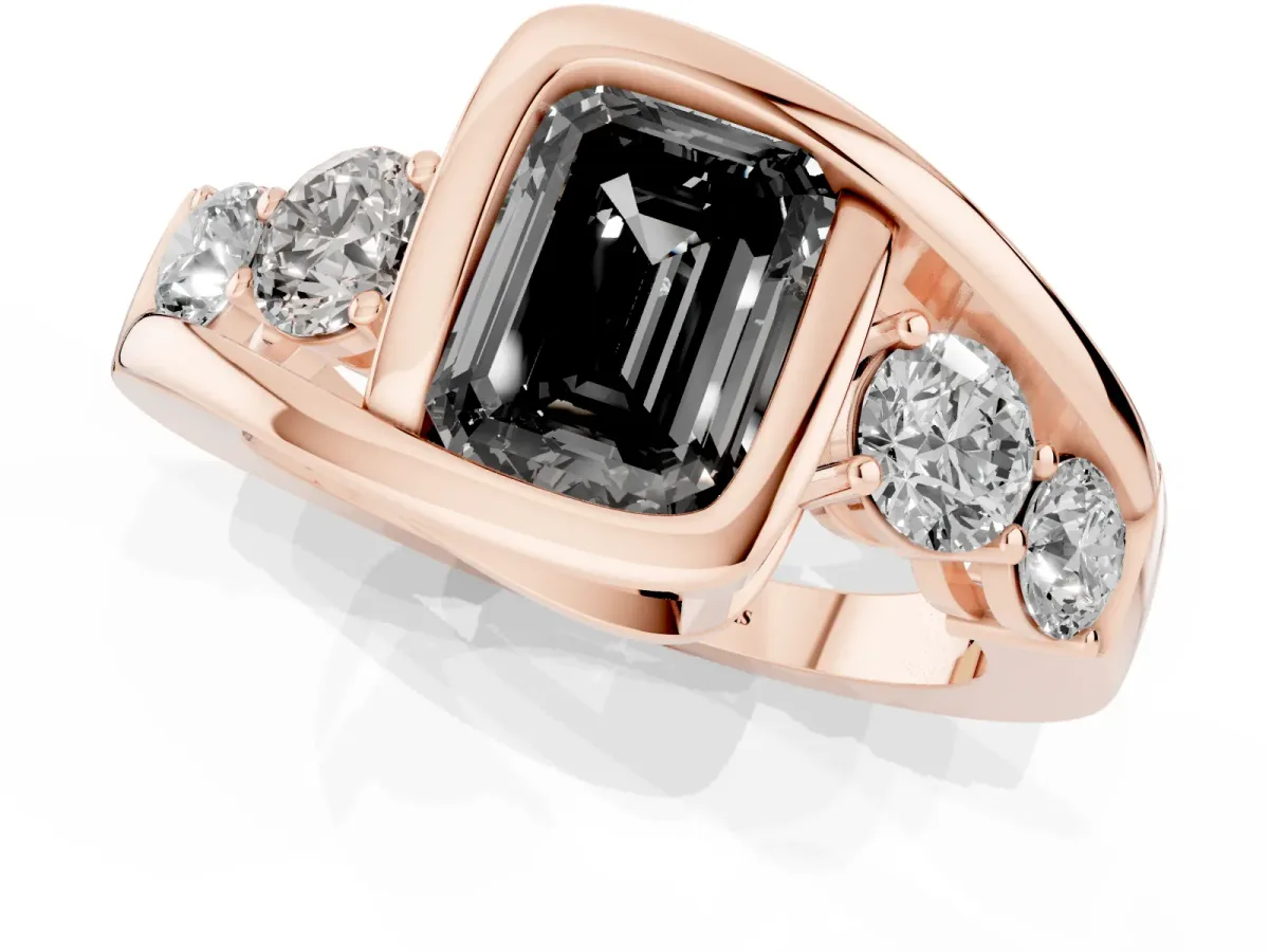 Fancy Black Bezel Set Emerald Cut Diamond Bypass Ring with Round Accents Rose gold