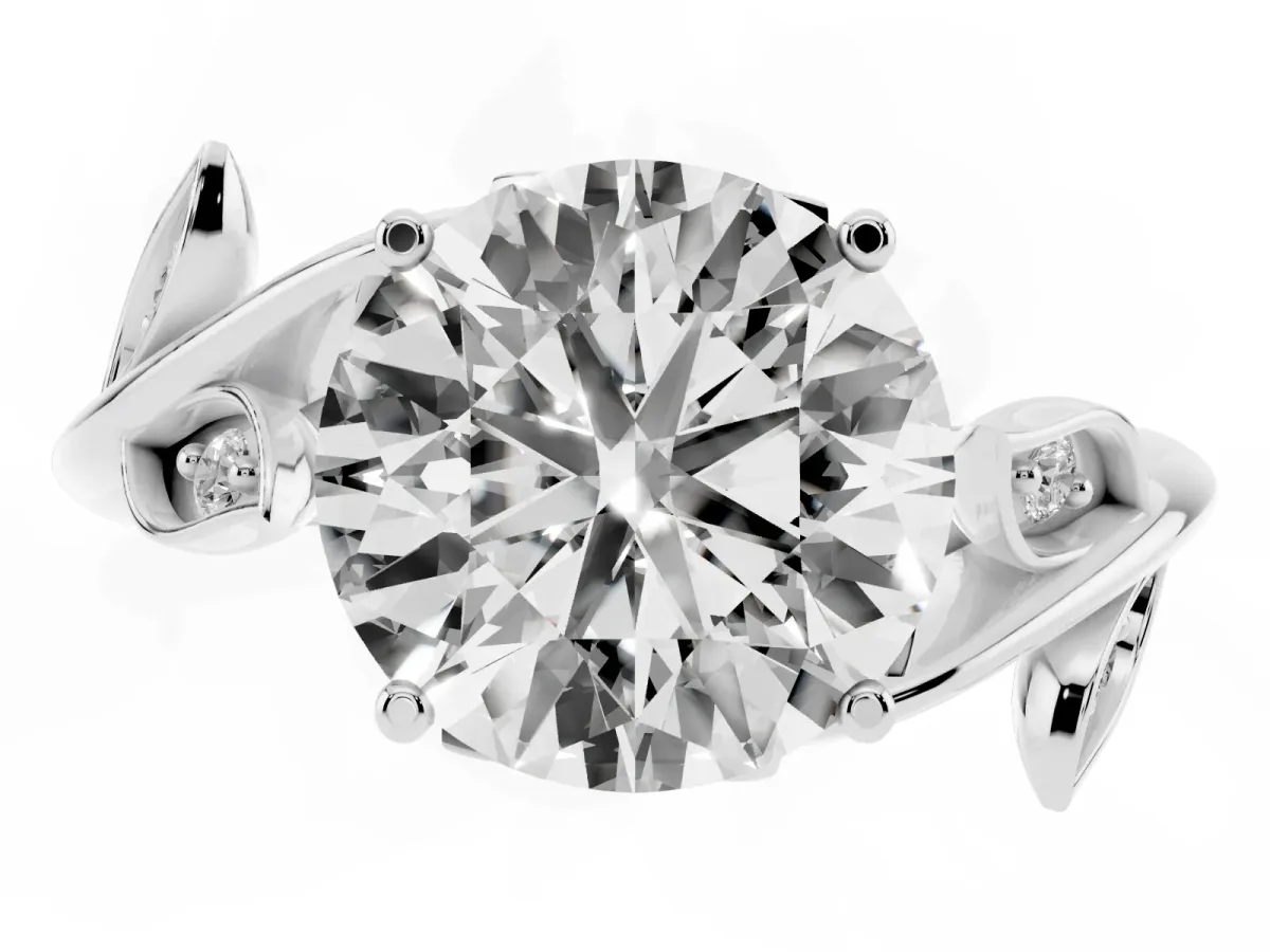 Round Cut Solitaire Twist Engagement Ring with Leaf Accents and Prong Setting Silver