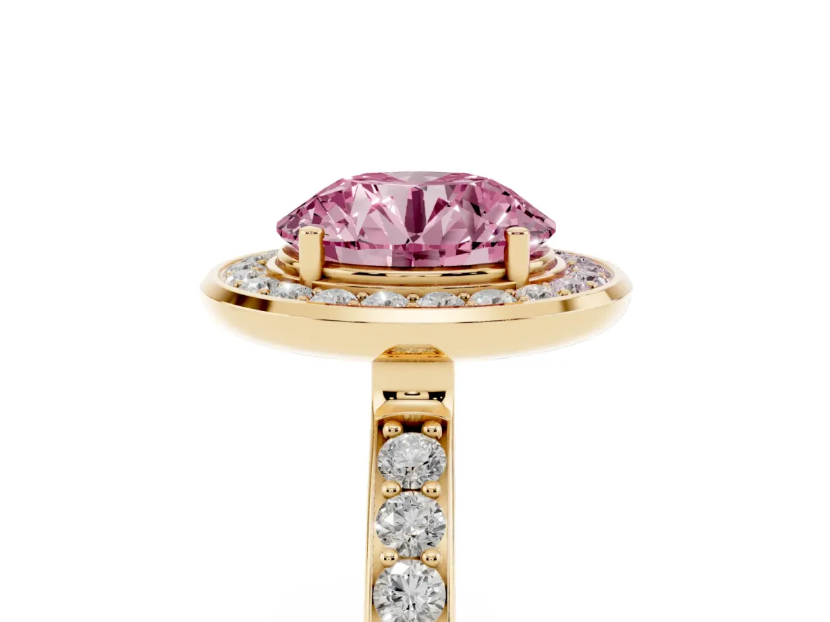 Fancy Pink Round Cut Diamond Halo Ring with Bezel Frame and Pavé Band Yellow gold