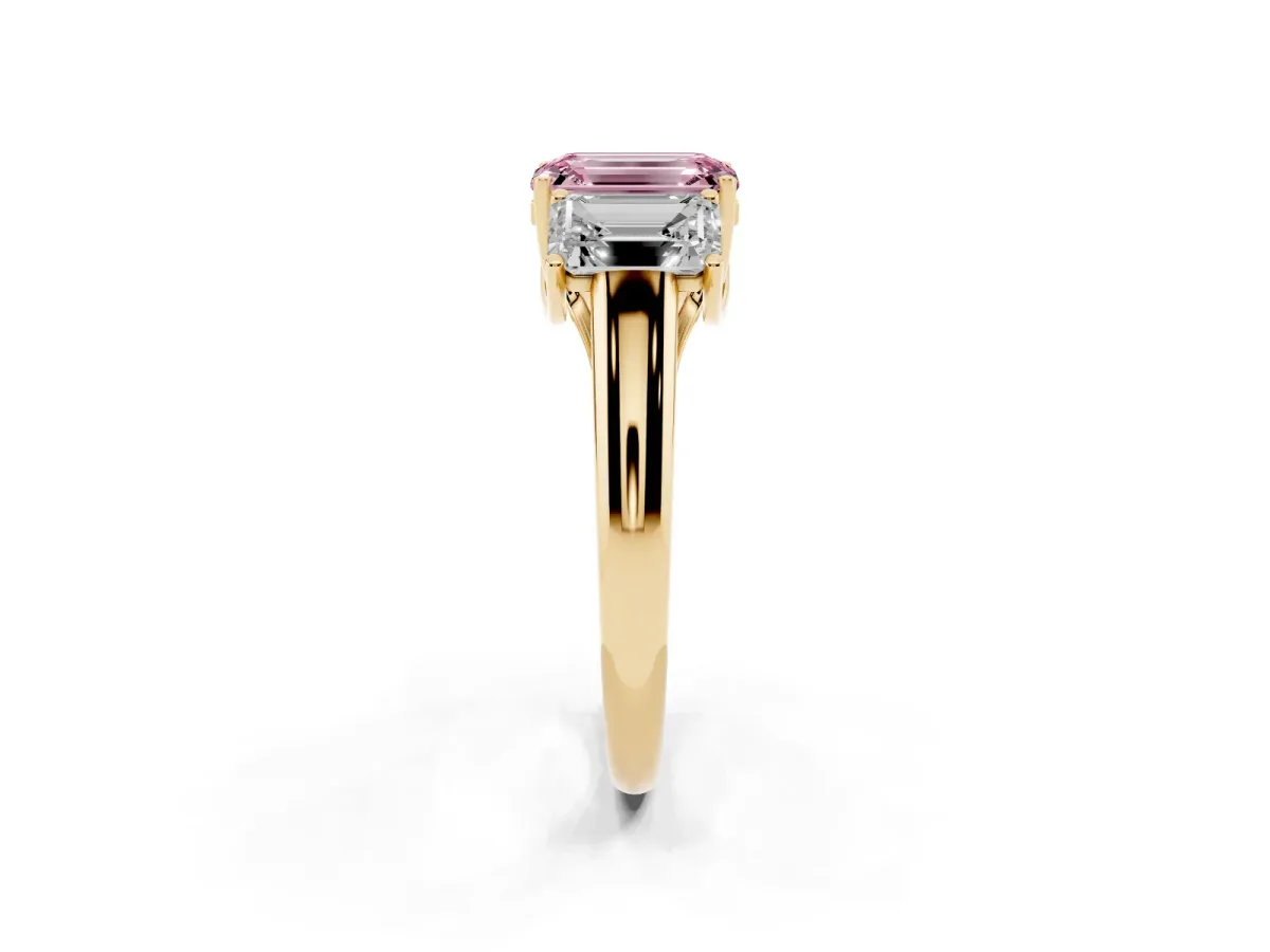 Fancy Pink Three-Stone Emerald Cut Diamond Engagement Ring with Prong Setting Yellow gold
