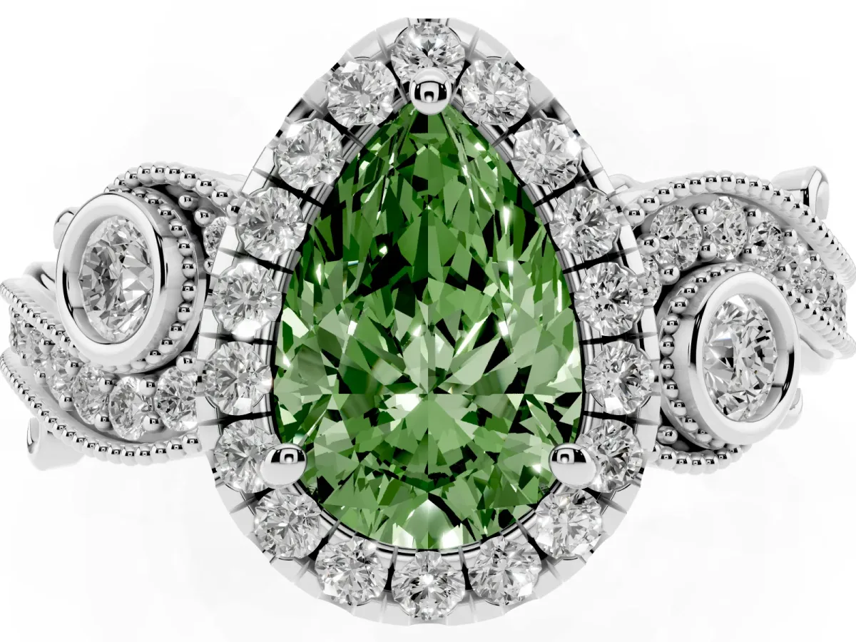 Fancy Green Pear Cut Diamond Halo Ring with Milgrain Pavé Band and Four-Prong Setting Platinum