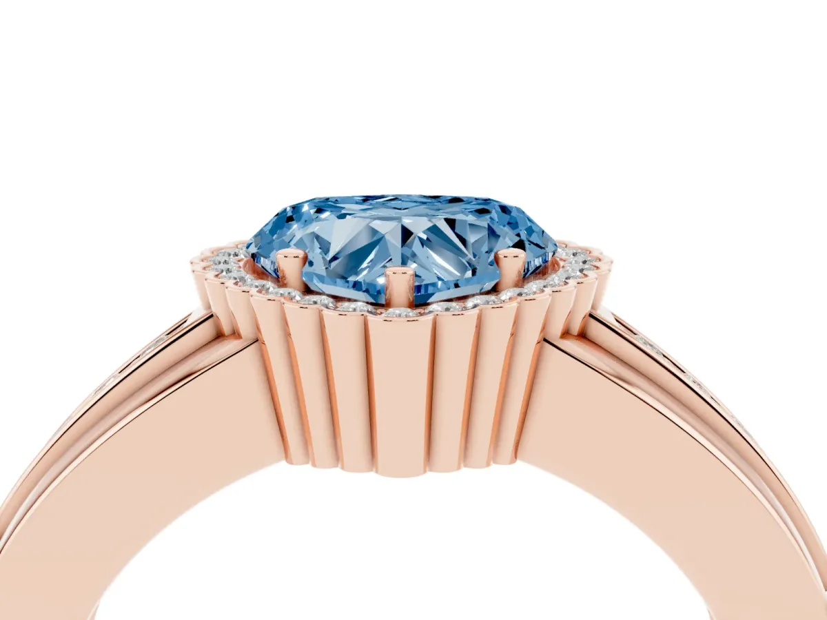 Fancy Blue Heart Cut Cut Halo Pave Band Four-Prong Ring Rose gold
