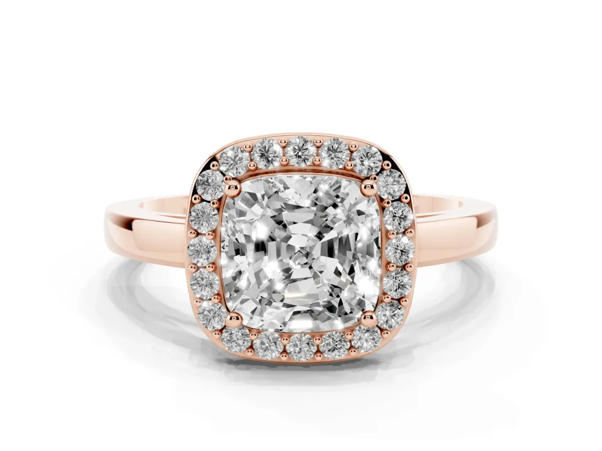 Cushion Cut Halo Diamond Ring with Solitaire Band and Prong Setting Rose gold