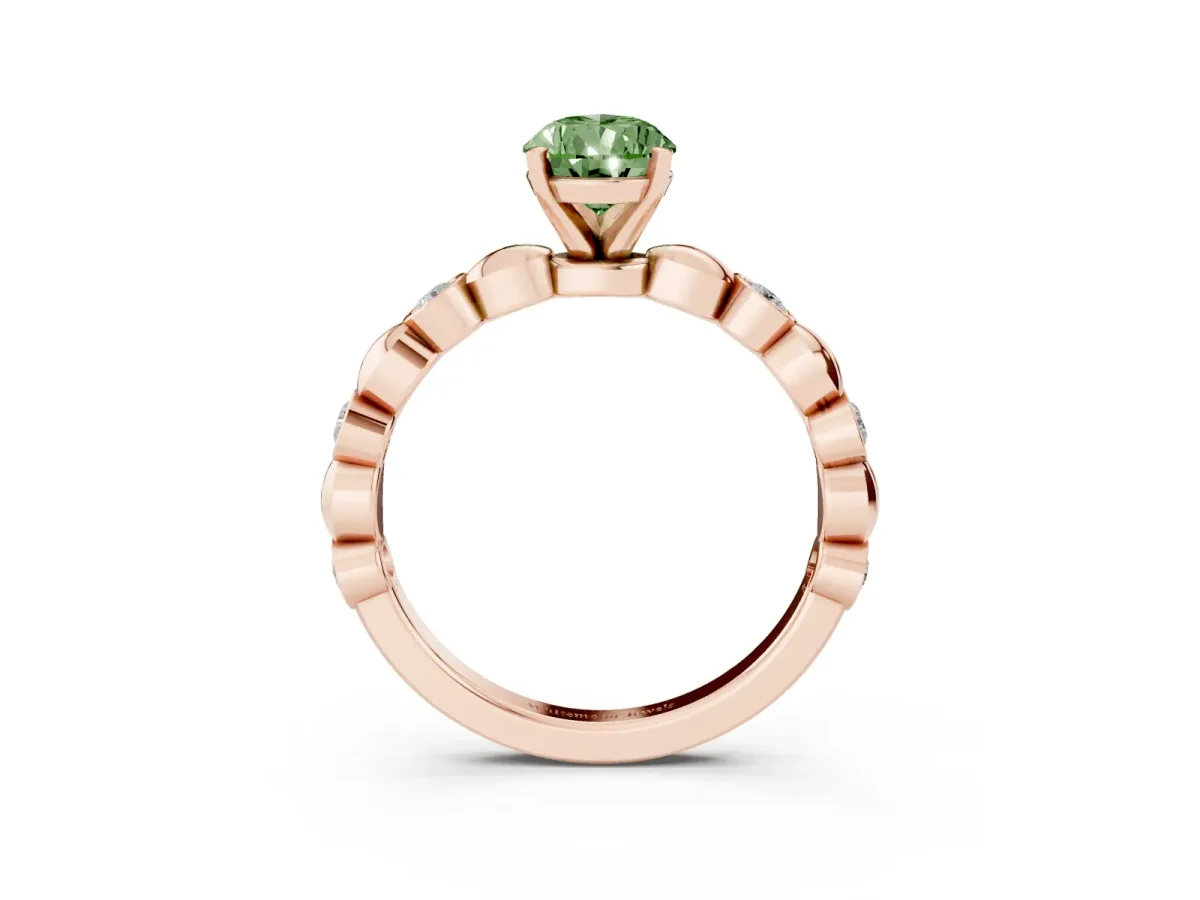 Fancy Green Pear Cut Solitaire Bezel-Set Diamond Ring with Beaded Band and Four-Prong Setting Rose gold