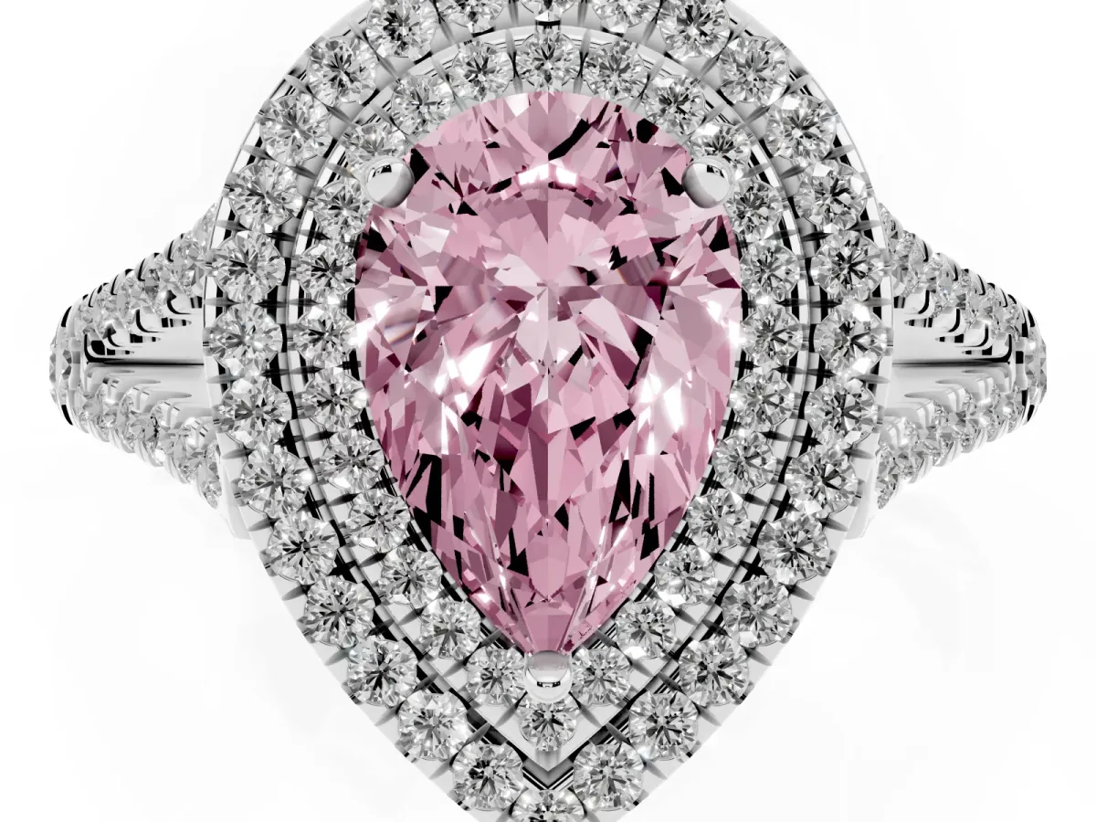 Fancy Pink Pear Cut Diamond Double Halo Ring with Pavé Band and Prong Setting Platinum