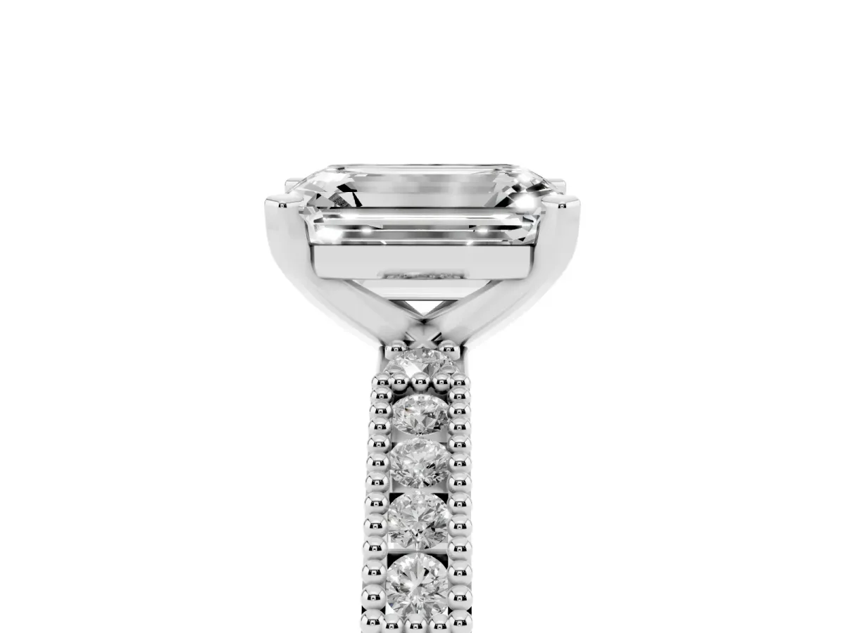 Emerald Cut Solitaire with Pavé Band and Four-Prong Setting Silver