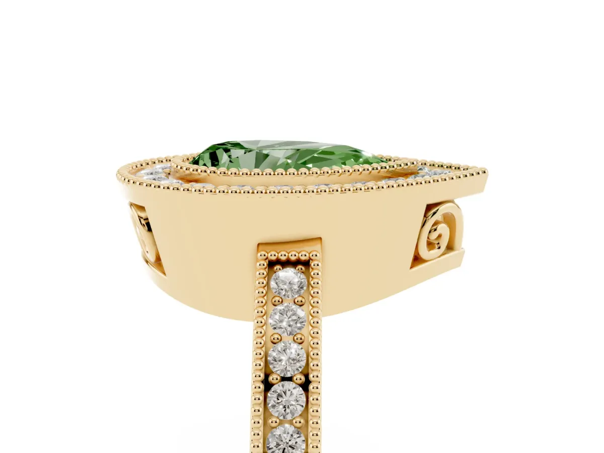 Fancy Green Pear Cut Cut Halo Diamond Ring with Pavé Band and Milgrain Prong Setting Yellow gold